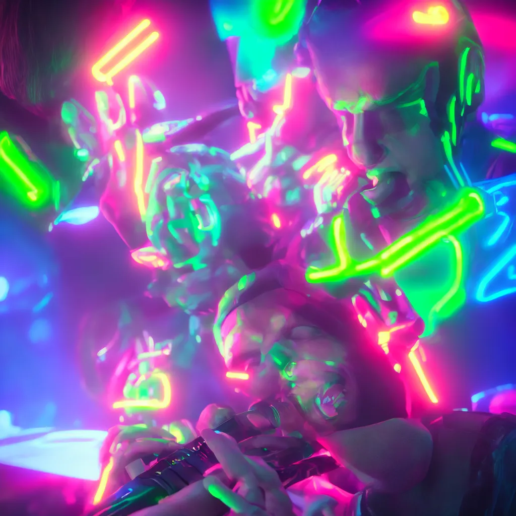 Prompt: portrait of a beautiful neon man lovingly licking his roland synthesizer, 4k, volumetric lighting, close-up, trending on artstation, octane render, hyperrealistic