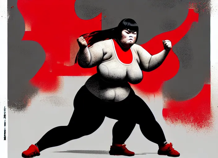 Image similar to duotone red gray illustration 3 / 4 portrait of fat woman fighting bruce lee style. dynamic chaotic composition random golden renaissance proportion. by takato yamamoto, sachin teng, sergei wheelsov, ruan jia and heng z. graffiti art, scifi, sci - fi, hyper detail. octane rendering. concept art. trend on artstation