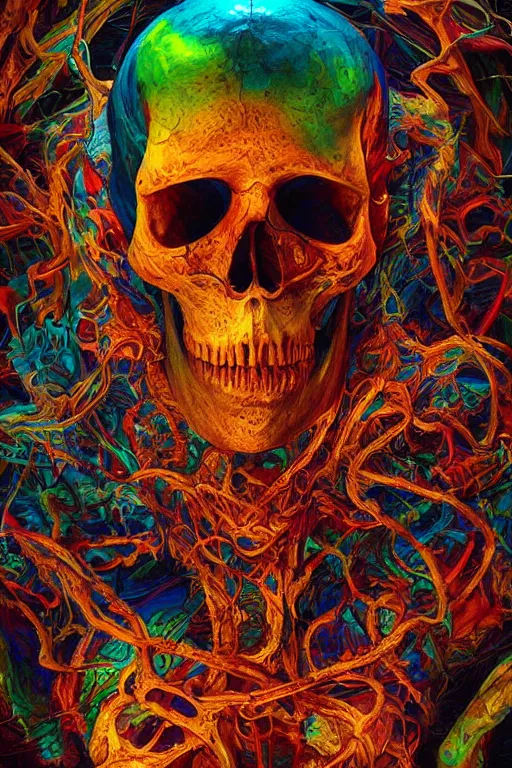 Image similar to 35 mm lens photo of scull lsd colors, direct sunlight, glowing, vivid, detailed painting, Houdini algorhitmic pattern, by Ross Tran, WLOP, artgerm and James Jean, masterpiece, award winning painting