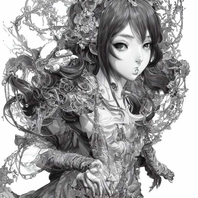 Image similar to the portrait of chaotic evil female necromancer as absurdly beautiful, gorgeous, elegant, sophisticated young anime girl, an ultrafine hyperdetailed illustration by kim jung gi, irakli nadar, intricate linework, bright colors, octopath traveler, final fantasy, unreal engine 5 highly rendered, global illumination, radiant light, detailed and intricate environment