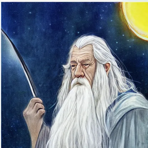 Prompt: Gandalf pondering his orb by Magalie Villeneuve, Clear face, Colourful