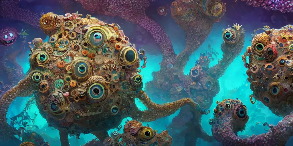 Image similar to of an intricate sea reef with strange cute friendly happy creatures with huge eyes, mouth, long tongue, round teeth and goofy face, appearing from the background, in the style of gehry and gaudi, macro lens, shallow depth of field, ultra detailed, digital painting, trending artstation, concept art, illustration, cinematic lighting, photorealism, epic, octane render