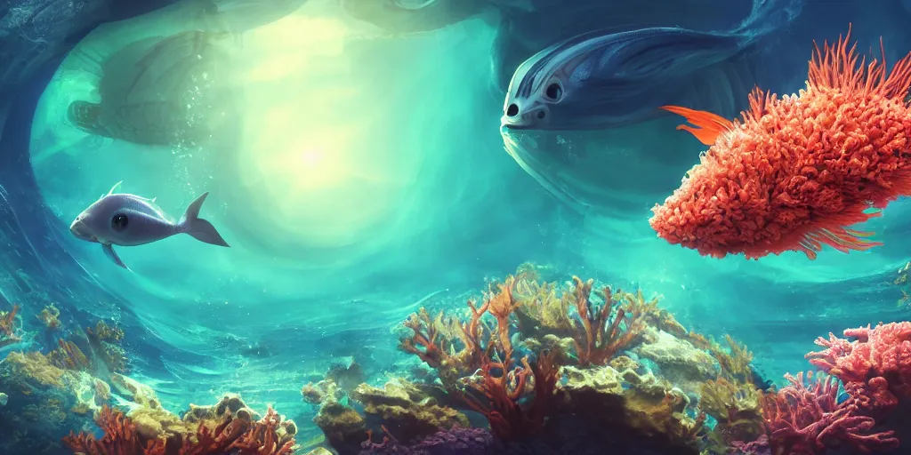 Image similar to photo of an extremely cute alien fish swimming an alien habitable underwater planet, coral reefs, dream-like atmosphere, water, plants, peaceful, serenity, calm ocean, tansparent water, reefs, fish, coral, inner peace, awareness, silence, nature, evolution, wide angle, super highly detailed, professional digital painting, artstation, concept art, smooth, sharp focus, no blur, no dof, extreme illustration, Unreal Engine 5, Photorealism, HD quality, 8k resolution, cinema 4d, 3D, beautiful, cinematic, art by artgerm and greg rutkowski and alphonse mucha and loish and WLOP