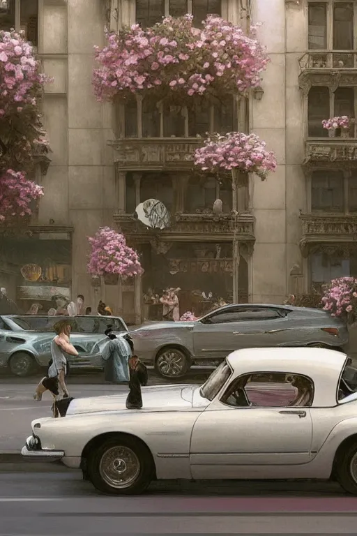 Prompt: ultra realistic illustration, old white vintage car in the city with flowers blooming out the window, elegant, highly detailed, digital painting, concept art, smooth, sharp focus, illustration, art by greg rutkowski and alphonse mucha