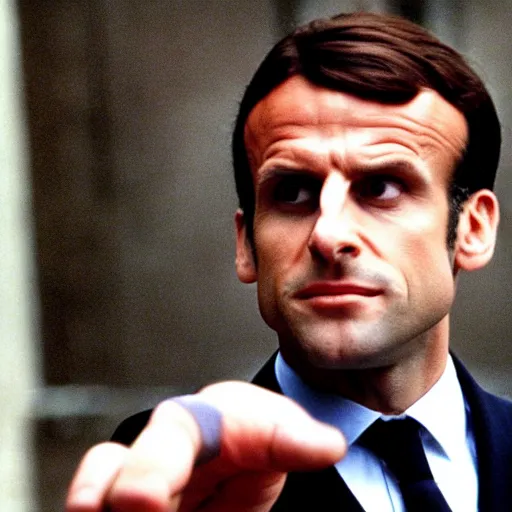 Prompt: Emmanuel Macron wearing a mustache in American Psycho (1999)