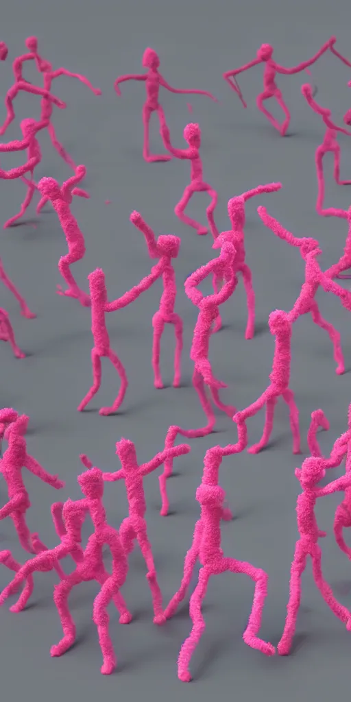 Image similar to group of giant sakura-colored people dancing made out of fluffy pipecleaners in the style of Jean-Michel Basquiat, 3D cinematic lighting, spotlight at a 90 DEGREE ANGLE, photorealism, octane render, depth of field, 8k, 35mm, artgem, Trending on artstation