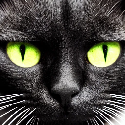 Image similar to portrait mugshot of a sad looking black bombay cat, green shiny eyes, digital art, symmetrical face, hd, wallpaper, 4 k