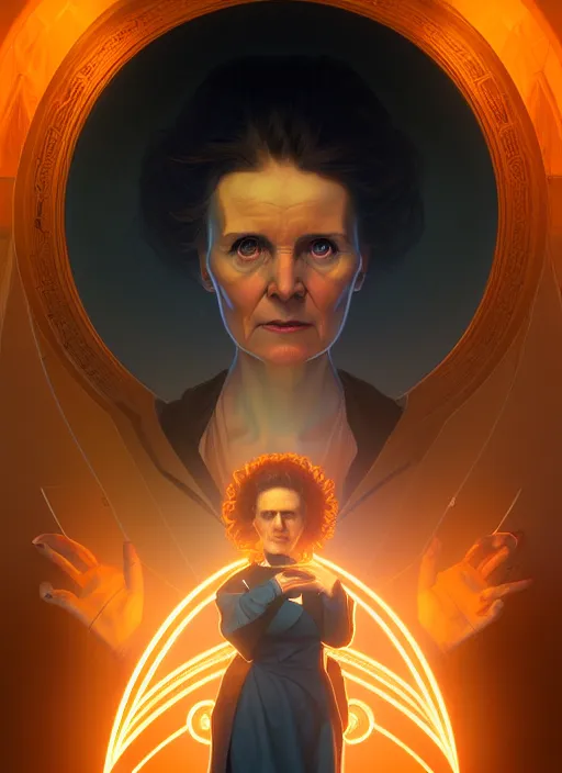 Image similar to symmetry!! portrait of marie curie female, sci - fi, glowing lights!! intricate, elegant, highly detailed, digital painting, artstation, concept art, smooth, sharp focus, illustration, art by artgerm and greg rutkowski and alphonse mucha, 8 k