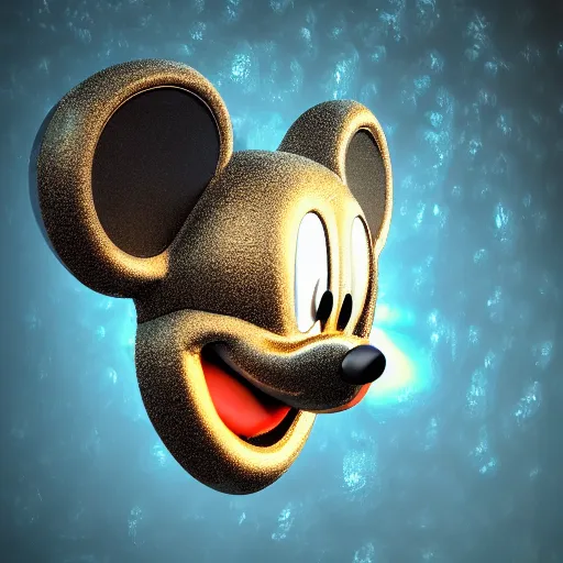 Image similar to knockoff mickey mouse head, fractal, broken, psychedelic, wet, mycelium, radiant alien, rococo, baroque, automotive, bio-mechanical, porcelain, iridescent, sub surface scattering, octane render
