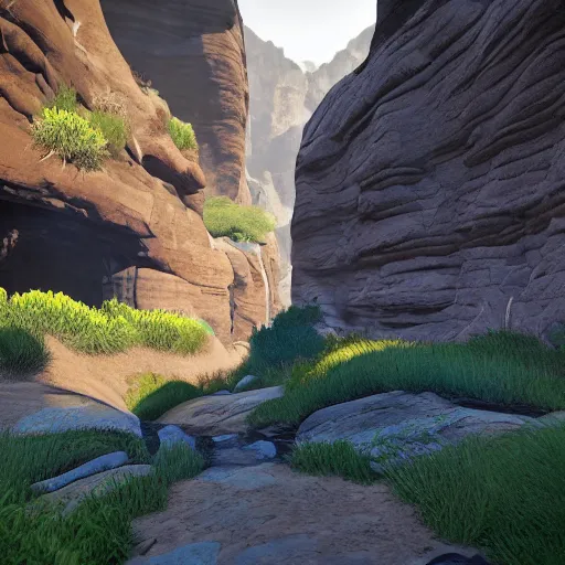 Image similar to pathway canyon in between mountains, unreal engine, high detail, realism, award winning, detailed lighting