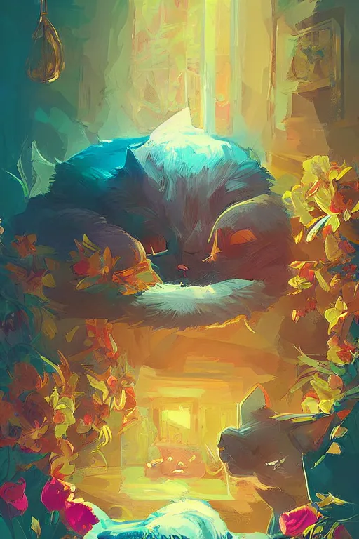 Image similar to a digital art of a cat sleeping in the room with flowers around in the afternoon, the sun shines in, animal, light effect, highly detailed, by anton fadeev