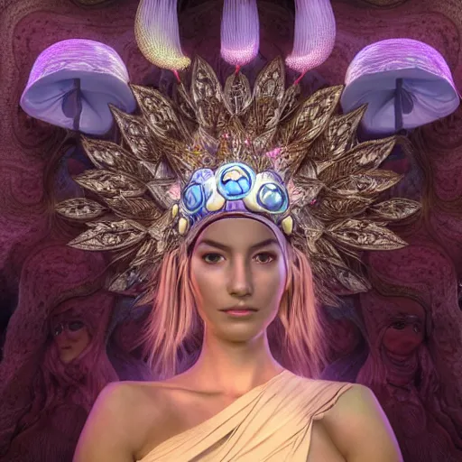 Image similar to mushroom goddess with extremely elegant headdress with group of elders in a ceremony for plant medicine, beautiful, marvelous designer, cloth physics, mocap, deviantart, masamune shirow, alex grey, black and white, beautiful lighting, photorealistic, concept art, perfect render, 3 d render, unreal engine, 8 k