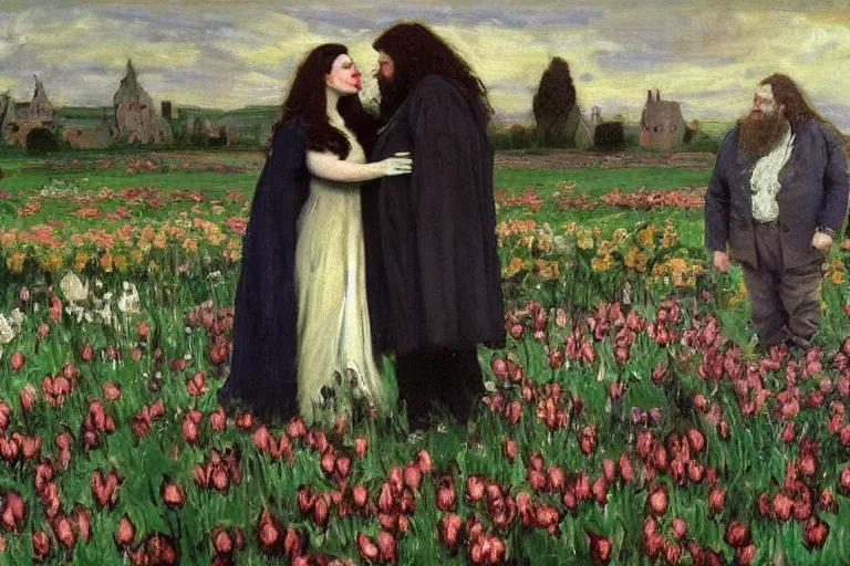 Prompt: hagrid the viking and morticia addams kiss in a field of tulips, masterpiece, highly detailed, oil on canvas, art by walter sickert, john singer sargent, and william open