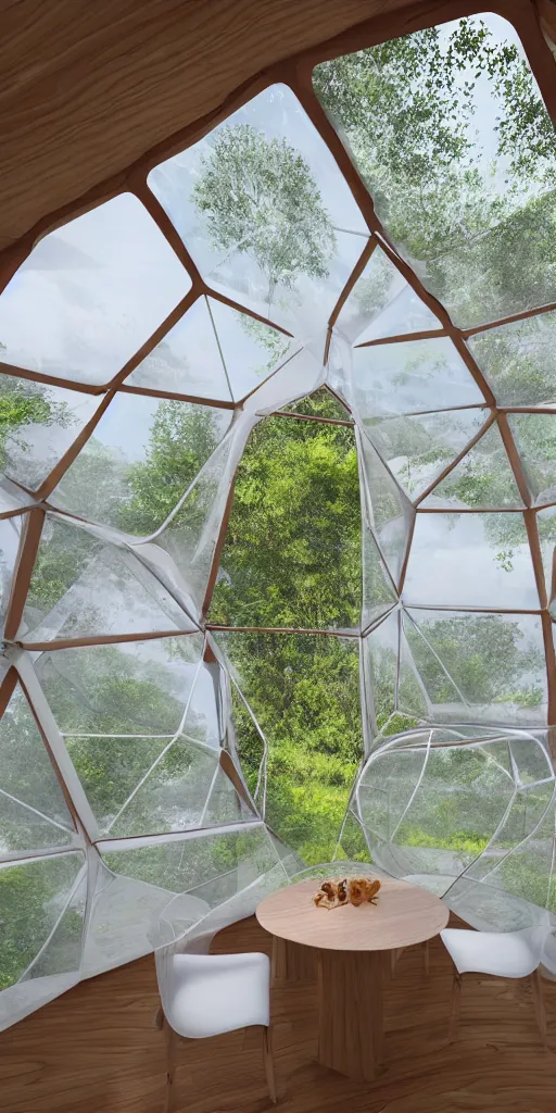 Prompt: inside inflatable organic wood home. translucent white inflatable fabric. very tall living room and kitchen. a family eating breakfast at the kitchen table. strong woven texture. geodesic cellular geometry. hydroponic garden. architectural photography. unreal engine, 4 k, 8 k. volumetric lighting.