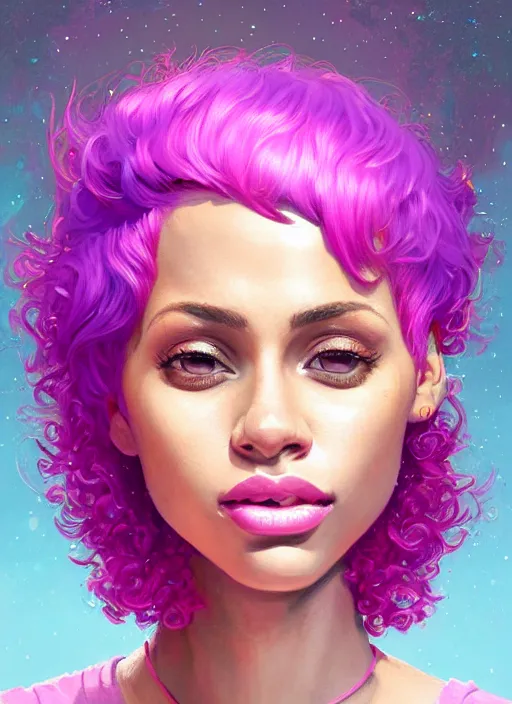 Image similar to portrait of vanessa morgan with bright pink hair, curly pixie cut hair, wearing a purple breton cap, breton cap, hoop earrings, intricate, elegant, glowing lights, highly detailed, digital painting, artstation, concept art, smooth, sharp focus, illustration, art by wlop, mars ravelo and greg rutkowski