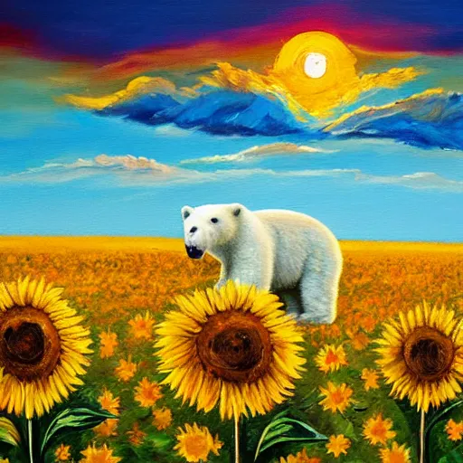 Prompt: Impasto painting of a polar bear in a field of sunflowers over a sunset, ayahuasca