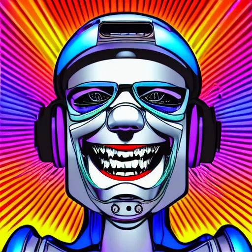 Image similar to artgerm, psychedelic laughing cybertronic robot, rocking out, headphones dj rave, digital artwork, r. crumb, svg vector