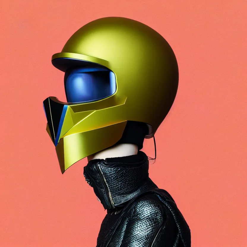 Prompt: full portrait of a post modern hybrid fashion model with an exuberant organic helmet, colorful, octane render, vray, detailed, halftoned, editorial illustration, matte print, grainy light, ( ( dither ) ), risograph, high contrast, screen print, grainy texture