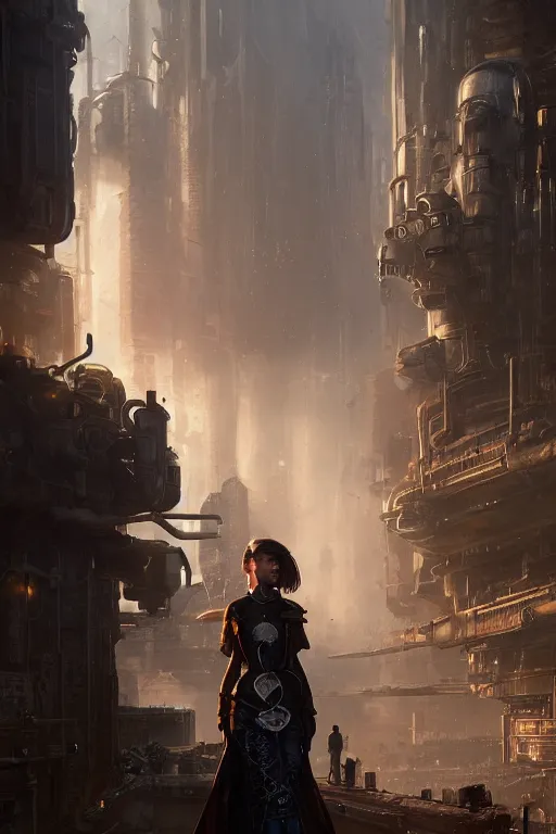 Image similar to a portrait of a small women wearing sci-fi armour standing in the foreground of a steampunk city by Greg Rutkowski, Sung Choi, Mitchell Mohrhauser, Maciej Kuciara, Johnson Ting, Maxim Verehin, Peter Konig, final fantasy , mythical, 8k photorealistic, cinematic lighting, HD, high details, atmospheric,