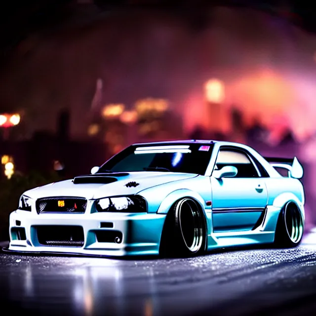 Image similar to a car R34 twin turbo drift at illegal car meet, Kanagawa prefecture, city midnight mist lights, cinematic lighting, photorealistic, highly detailed wheels, high detail