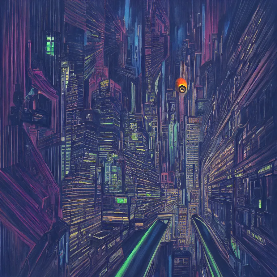 Prompt: surrealist painting of a downward view of someone falling off from the sun into a city full of neonlights and skyscrapers at night. creative view angle. dark indigo color scheme. rainy day mood.