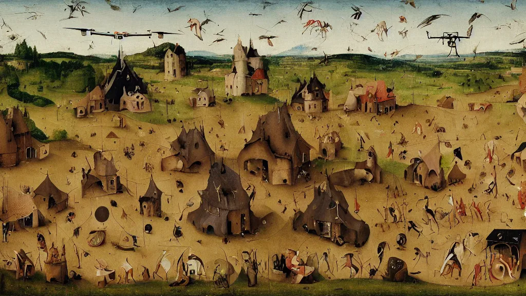 Image similar to a drone attack to innocent villager, in the fashion of Hieronymus Bosch, oil on canvas, painting, 4k, wide shot