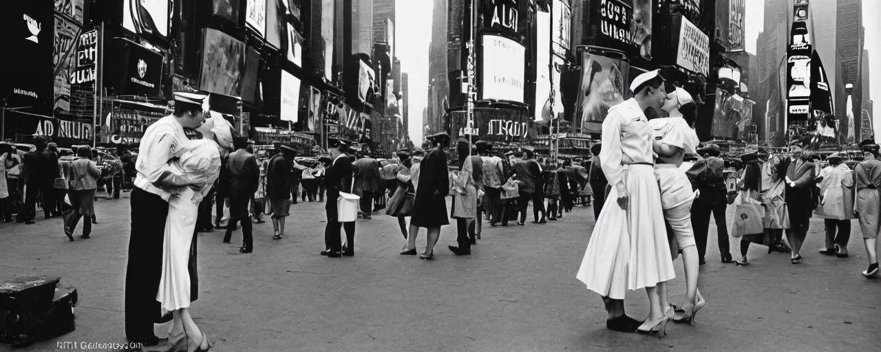 Image similar to alfred eisenstaedt's photograph of an american sailor kissing a woman in times square, spaghetti advertisement in background 1 9 4 5, canon 5 0 mm, kodachrome, retro