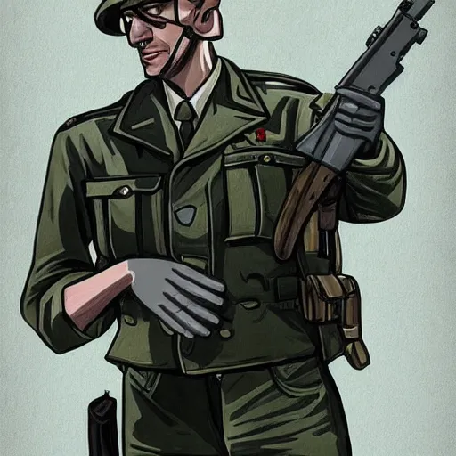 Prompt: a ww2 military officer in the style of a GTA V loading screen, illustrated by Stephen Bliss, trending on artstation