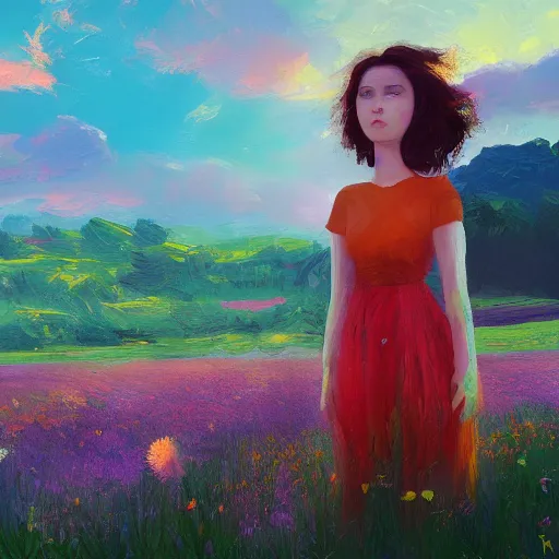 Prompt: girl with a flower face, surreal portrait, dreamlike, standing in flower field, in a valley, sunrise dramatic light, impressionist painting, colorful clouds, artstation, simon stalenhag