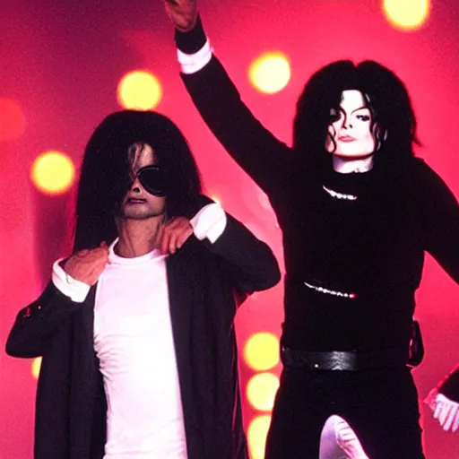 Image similar to kevin smith and michael jackson performing together at the standup show, realistic photo, 8k, light falling on the stage, highly detailed, hyperrealistic, very detailed