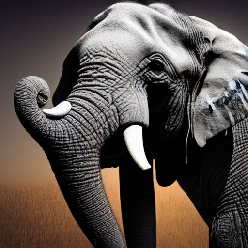 Image similar to an elephant falling apart and crumbling to dust to the air, photorealistic