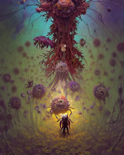 Image similar to the platonic ideal of flowers, rotting, insects and praying of cletus kasady carnage davinci dementor chtulu mandelbulb mandala ponyo botw dinotopia the witcher, fantasy, ego death, decay, dmt, psilocybin, concept art by greg rutkowski and simon stalenhag and alphonse mucha