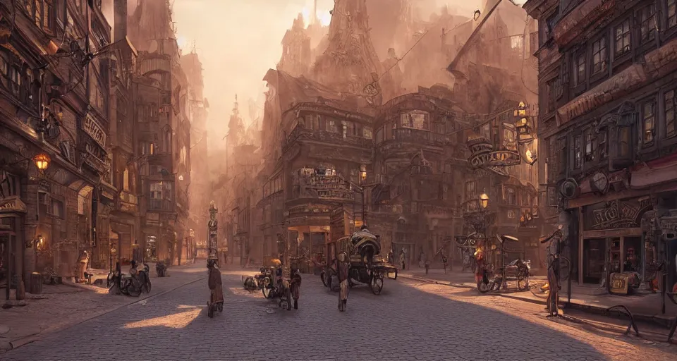 Image similar to steampunk city streets by ted nasmith, octane render, trending on artstation