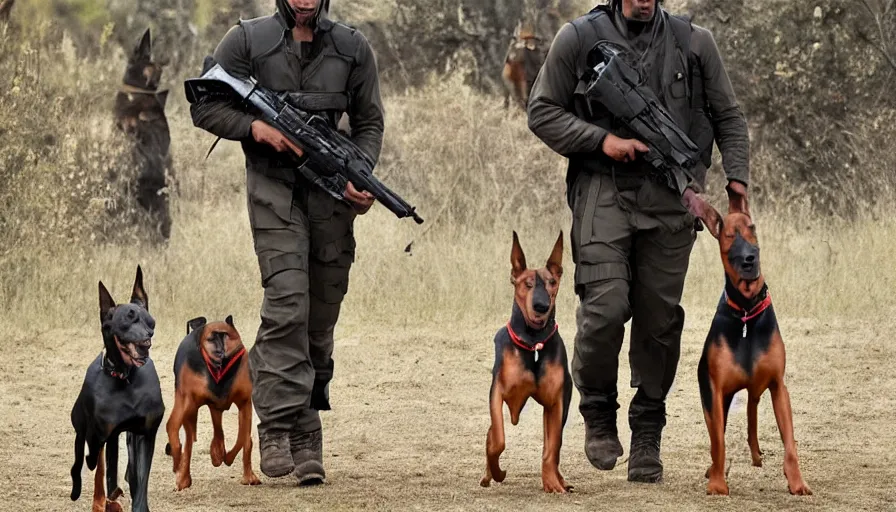 Prompt: big budget movie about a doberman super soldier