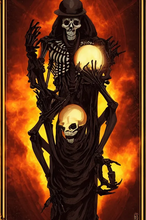 Prompt: a skeleton with a glowing orb in his hands, poster art by Chris Rallis, behance contest winner, gothic art, tarot card, wiccan, macabre