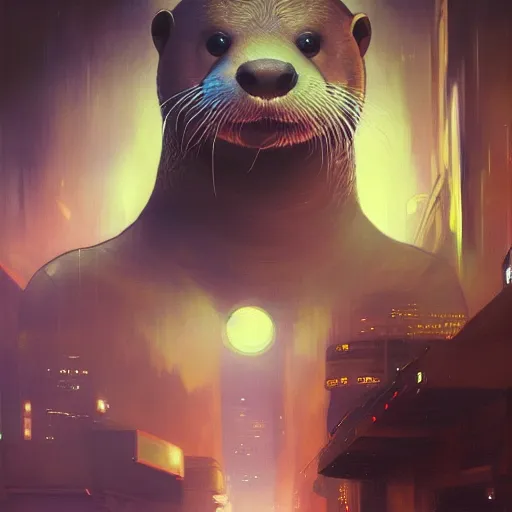 Image similar to hyperrealistic portrait of an athropomorphic otter wearing an astronaut outfit, bladerunner street, art of elysium by jeremy mann and alphonse mucha, fantasy art, photo realistic, dynamic lighting, artstation, poster, volumetric lighting, very detailed face, 4 k, award winning, cinematic lighting, deviantart, artstation, cg society