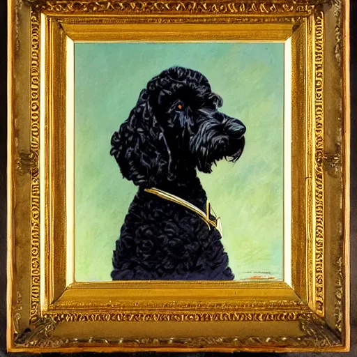 Prompt: Black Goldendoodle with a bright face wearing a Napoleon Era Military Uniform looking melancholy, Norman Rockwell style