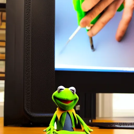 Image similar to “Kermit the frog builds a pc, leaning over a pc computer case with a screwdriver, 4k photo unreal”