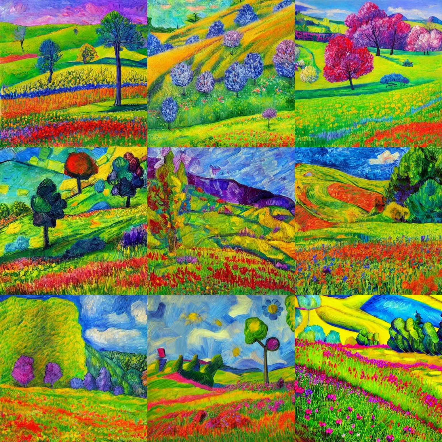 Prompt: meadow with flowers, hill with trees, spring, colorful, bright, cubism, impressionism