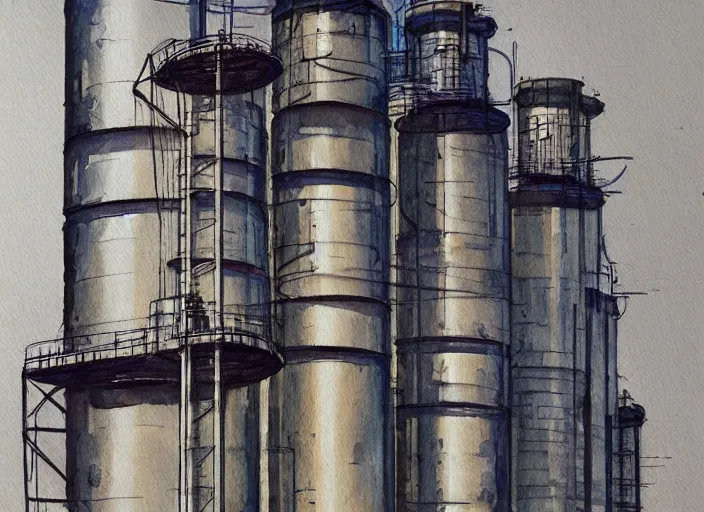 Image similar to concept art of a industrial complex silos, pinterest, artstation trending, behance, watercolor, by coby whitmore, silver, laser light,