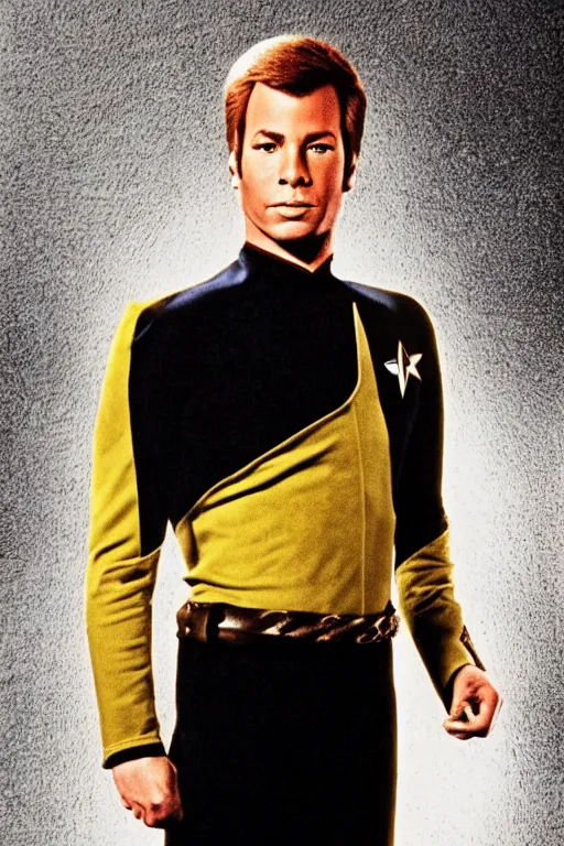 Image similar to full body digital portrait of scrawny captain james t kirk, starfleet uniform, star trek the next generation, sensual, smooth, elegant, sharp focus, highly detailed