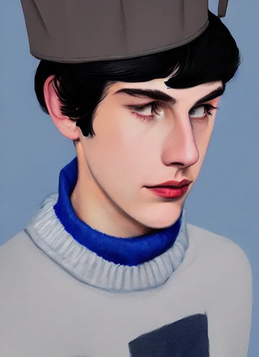 Image similar to portrait of teenage jughead jones wearing a light grey crown, crown, blue turtleneck, 1 9 5 0 s, closed eyes, photorealistic, black hair, glowing lighting, intricate, elegant, glowing lights, highly detailed, digital painting, artstation, concept art, smooth, sharp focus, illustration, art by wlop, mars ravelo and greg rutkowski