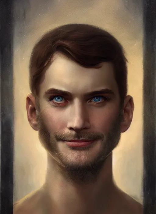 Image similar to a threatening portrait of a smiling man pretending to be human with beautiful blue eyes and short brown hair, art by manuel sanjulian and tom bagshaw