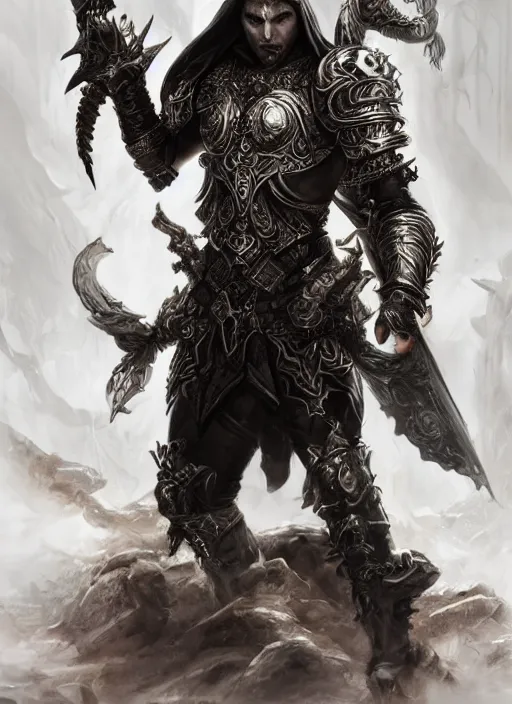 Image similar to high intricate male warrior with white baroque armor and black garment, demon lord, ancient forest, maria panfilova, andrea savchenko, mike kime, ludovic plouffe, qi sheng luo, oliver cook, trending on artstation