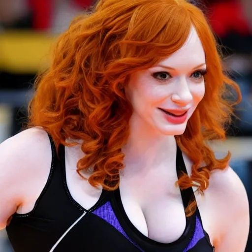 Prompt: Christina Hendricks as volleyball player, body, realistic,