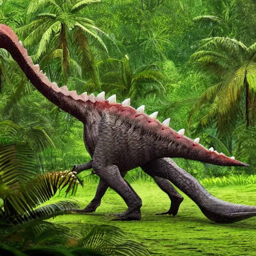 Prompt: giant spinosaurus walking through a tropical forest