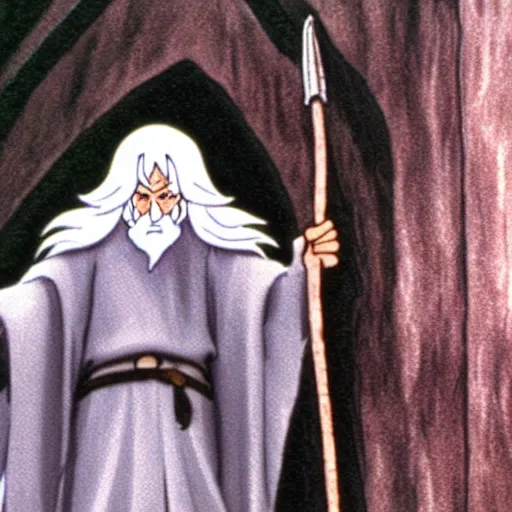 Image similar to gandalf from the anime lord of the rings (1986), holding a wooden staff, studio ghibli, very detailed, realistic