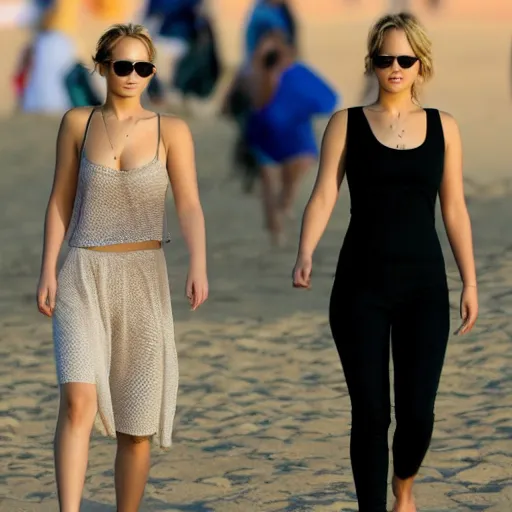 Prompt: Jennifer Lawrence and Jennifer Lawrence walking along the beach together, golden hour, 8k