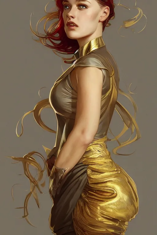 Image similar to a girl wearing a golden dress, grey hair, red necktie, cinematic, stunning, highly detailed, digital painting, artstation, smooth, hard focus, full body shot, illustration, art by artgerm and greg rutkowski and alphonse mucha