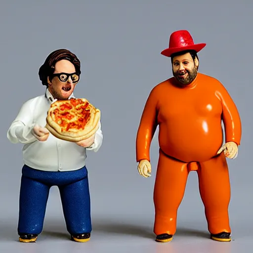 Prompt: tim and eric action figures eating pizza